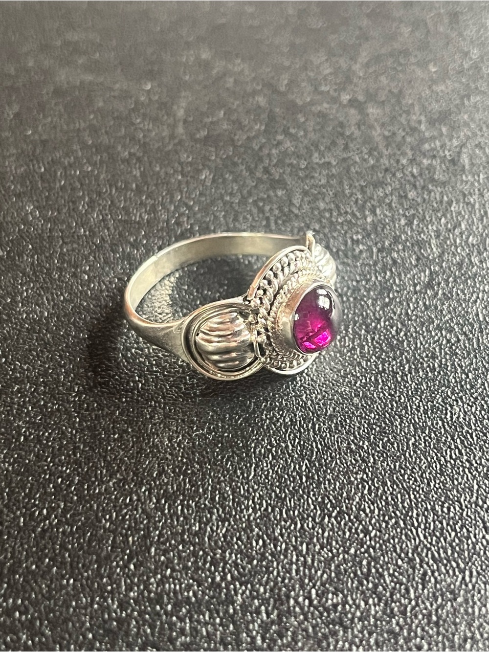 Sterling Silver Ring with Pink Cabochon Gemstone. Size 8.
